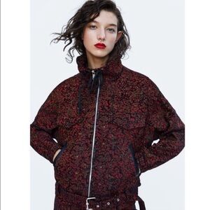 Zara Red and Black Bomber Jacket with Textured Pattern